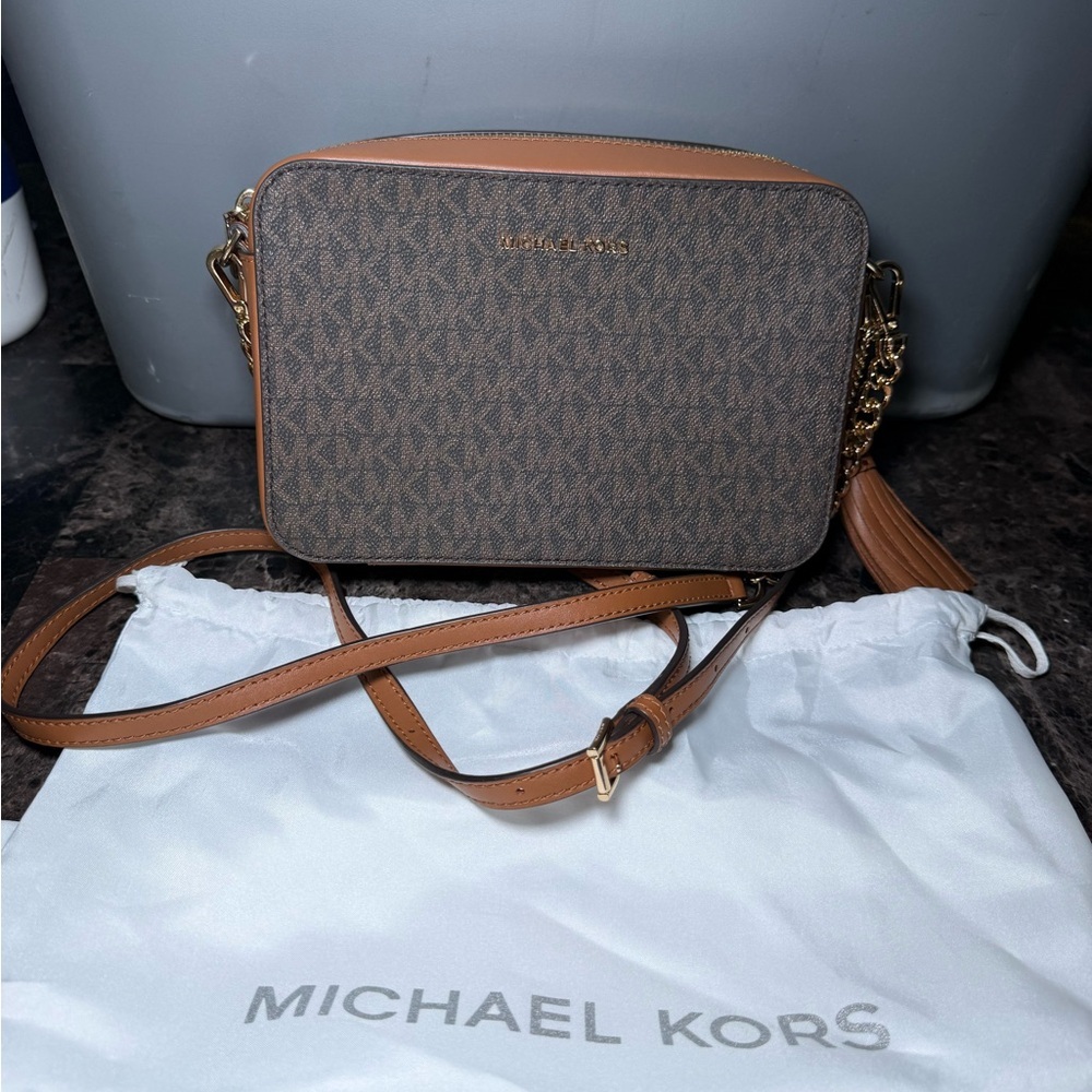 Michael Kors Brown Monogram Crossbody Camera Bag with Tan Trim